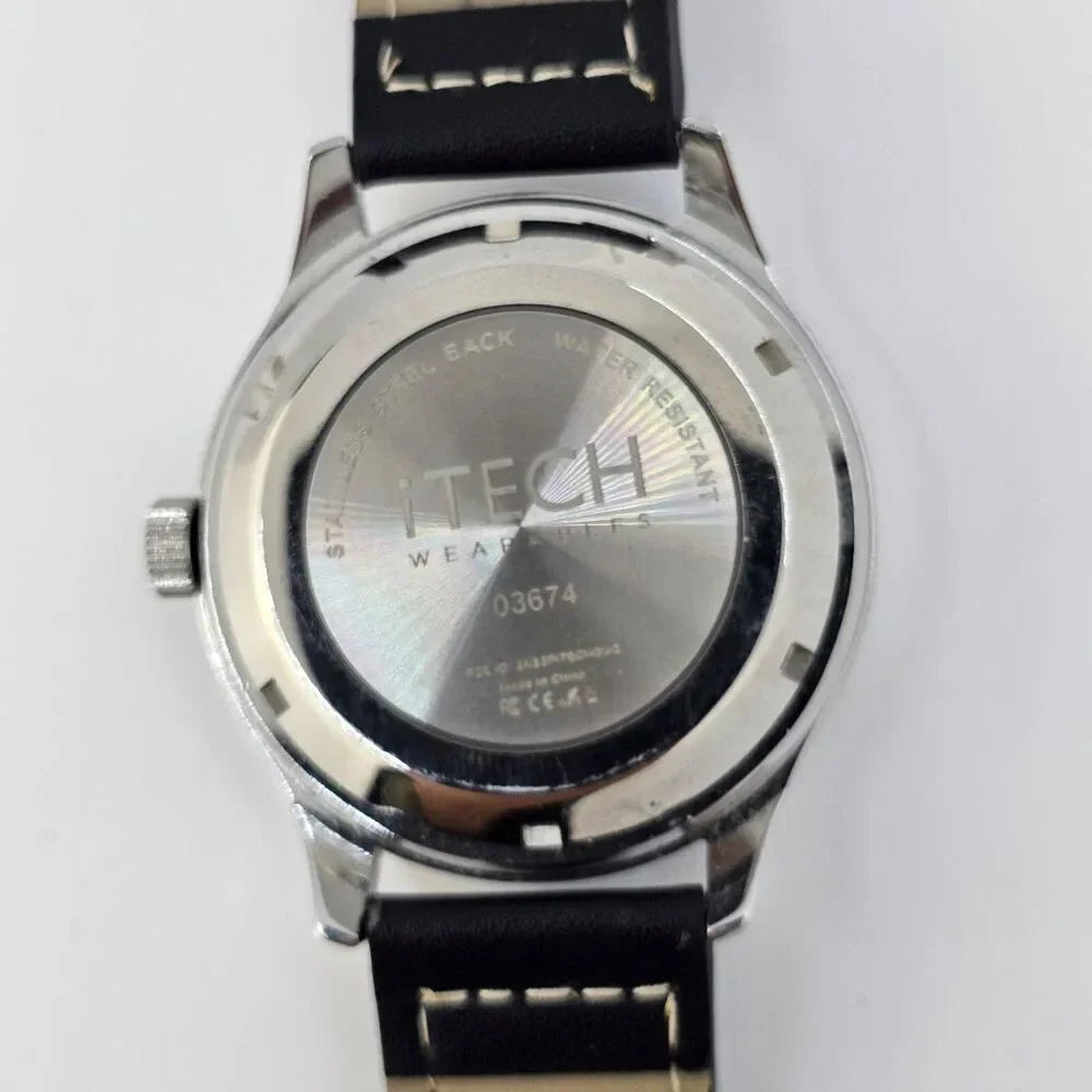 Men's Watch 46MM Large Gray Case Blue‎ Dial Black Leather Bands New Battery